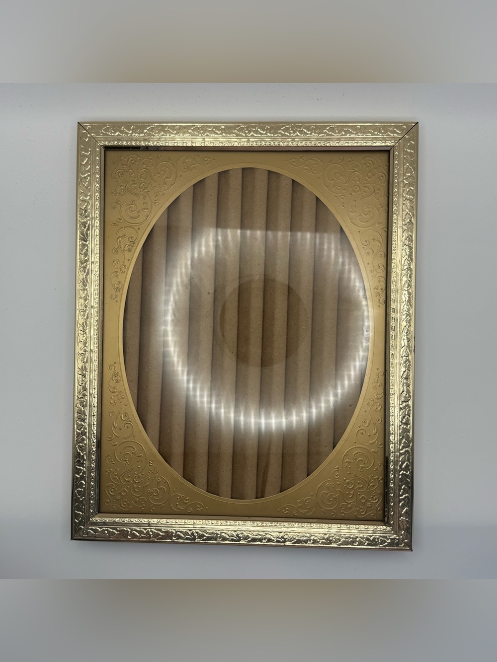 Vintage Gold Tone Oval Picture Frame 8x10 Ornate Embossed Metal Easel Back